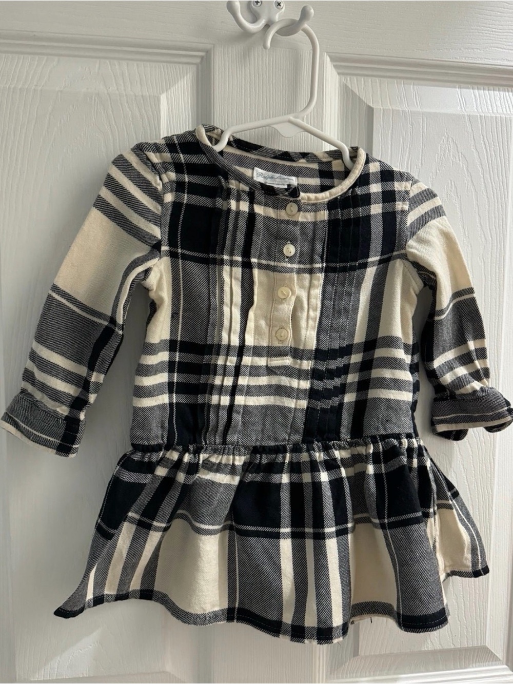 Ralph Lauren Baby Girl 12M Black Cream Plaid Long Sleeve Holiday Dress